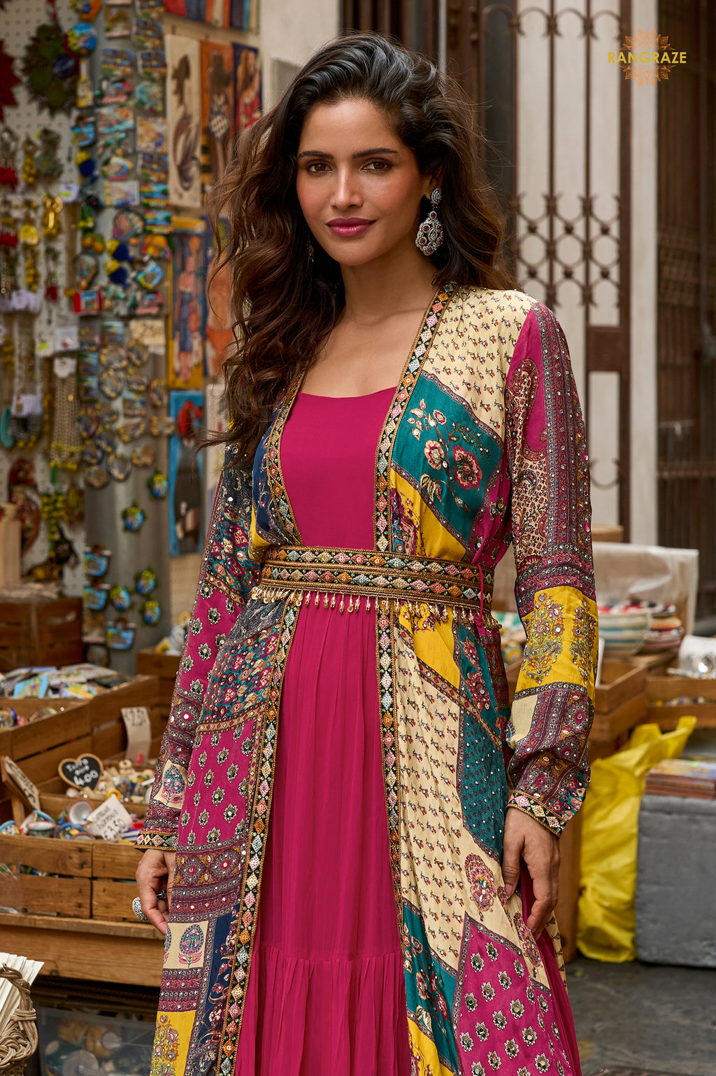 Pink Stitched Georgette Silk Gown with Shrug