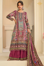 Pink Stitched Aari Work Crepe Palazzo Suit