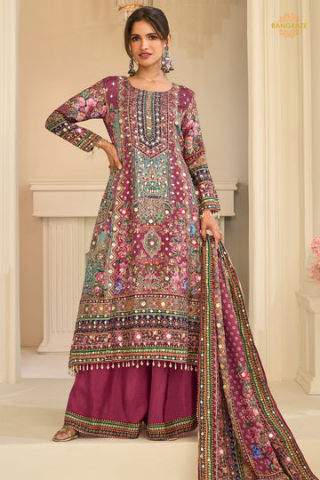 Pink Stitched Aari Work Crepe Palazzo Suit