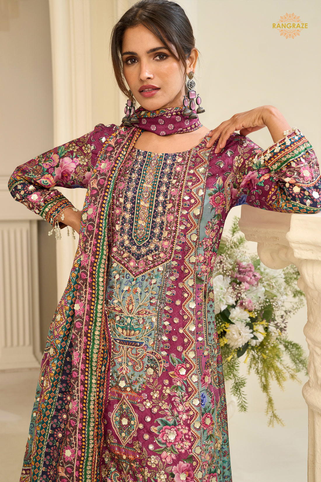 Pink Stitched Aari Work Crepe Palazzo Suit