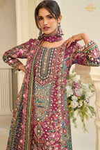 Pink Stitched Aari Work Crepe Palazzo Suit