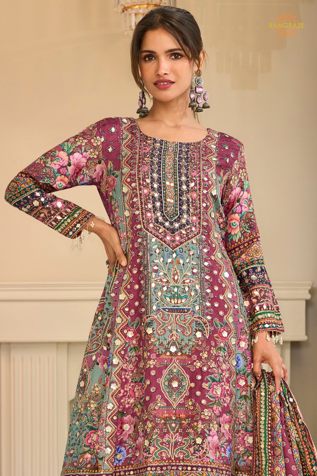 Pink Stitched Aari Work Crepe Palazzo Suit