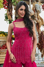 Pink Stitched Bead Work Georgette Sharara Suit Set with Choker Dupatta