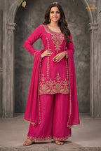 Pink Stitched Beads Work Chinnon Palazzo Suit