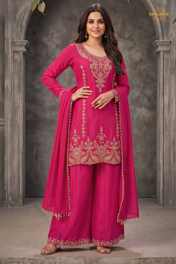 Pink Stitched Beads Work Chinnon Palazzo Suit