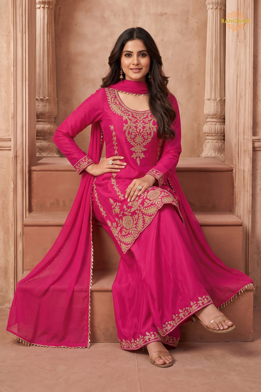 Pink Stitched Beads Work Chinnon Palazzo Suit