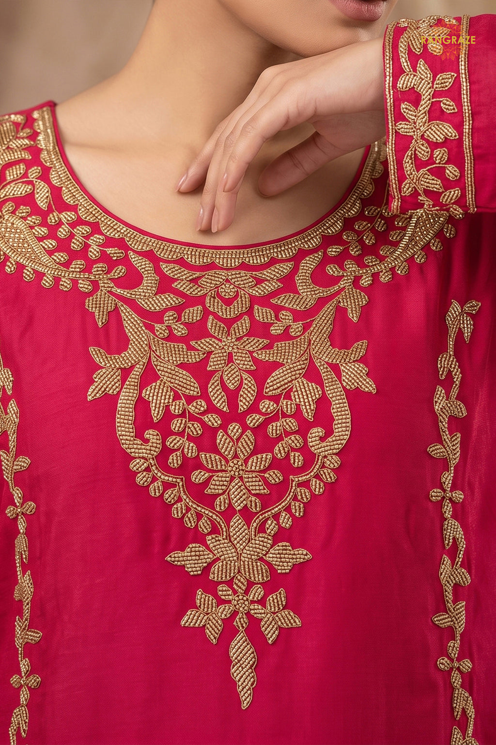 Pink Stitched Beads Work Chinnon Palazzo Suit