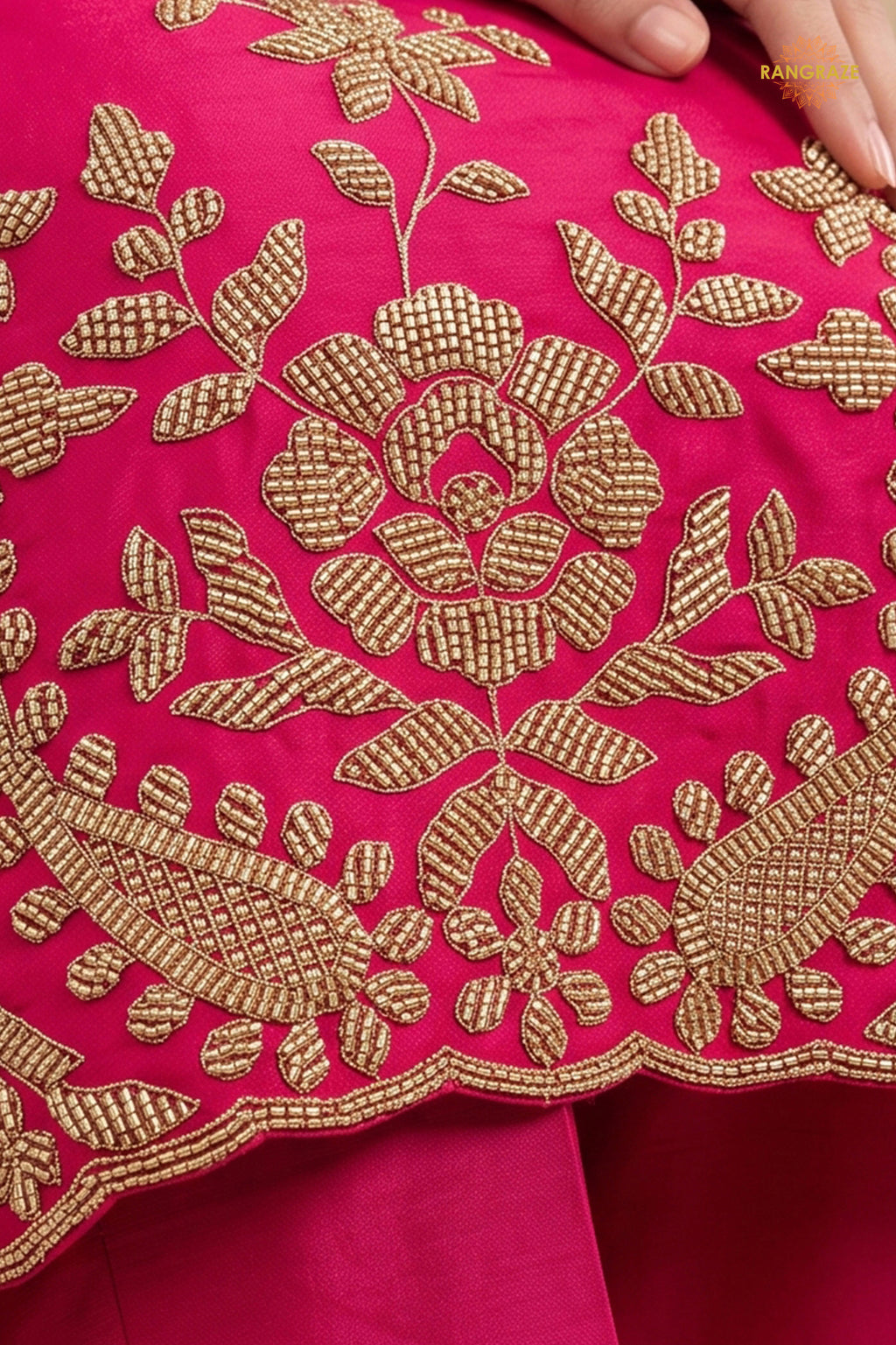 Pink Stitched Beads Work Chinnon Palazzo Suit