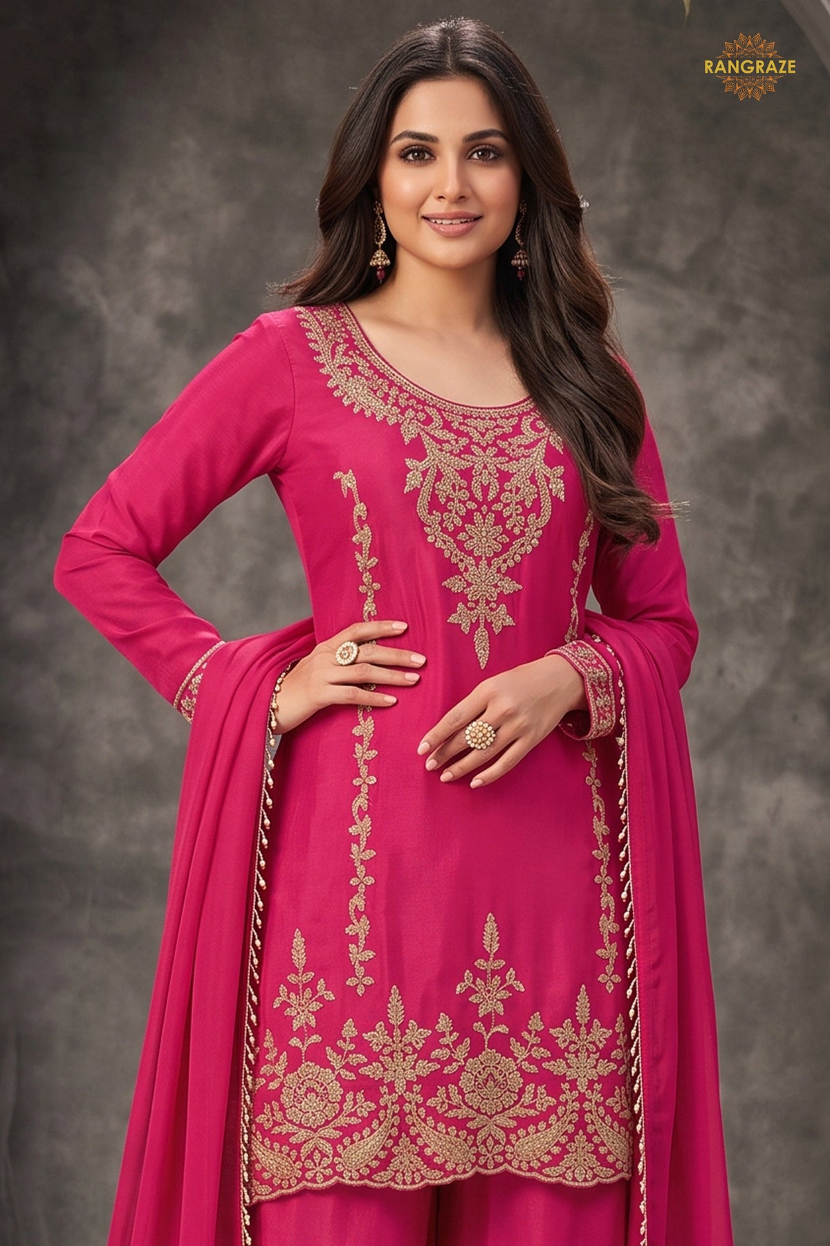 Pink Stitched Beads Work Chinnon Palazzo Suit