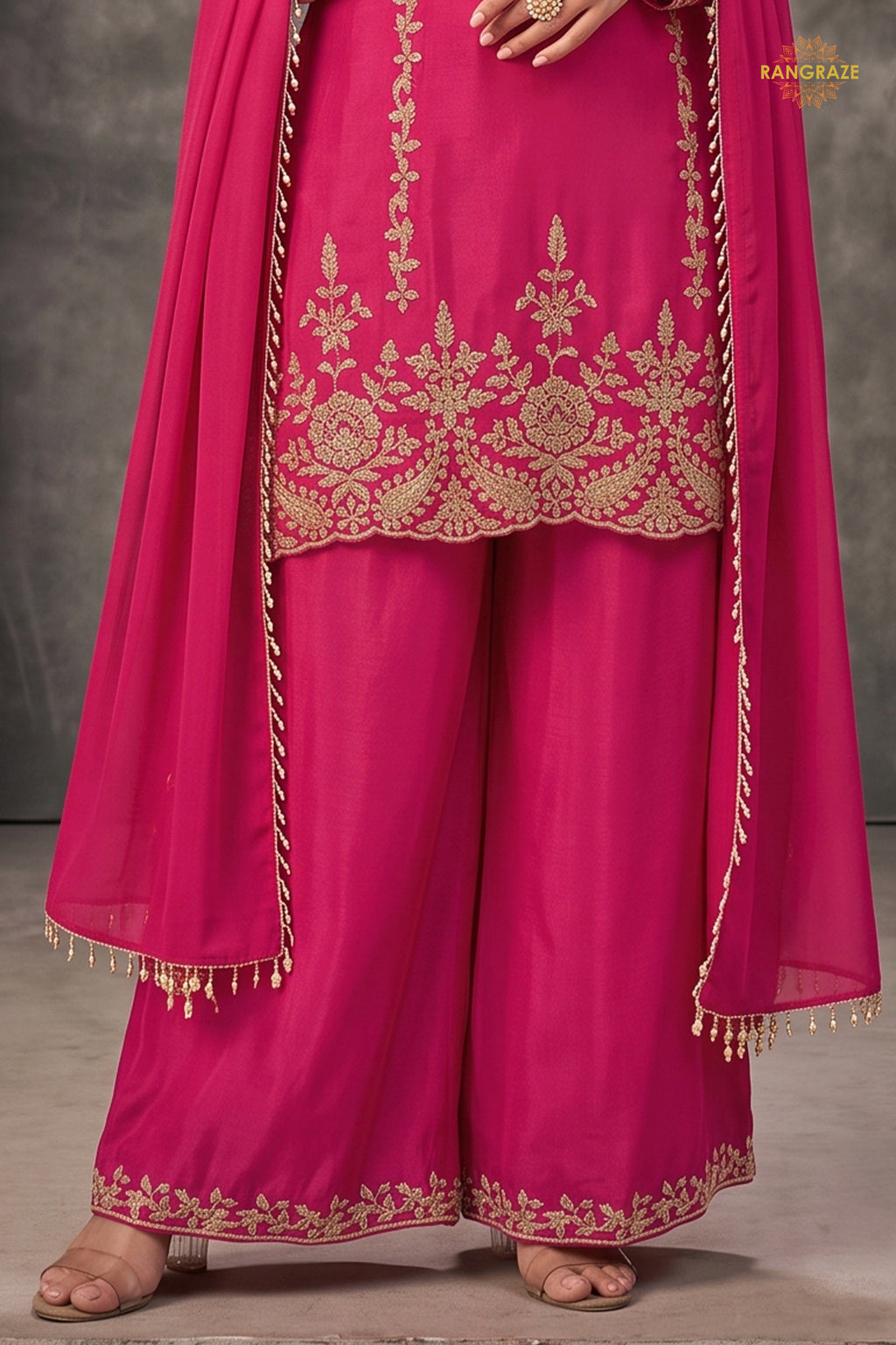 Pink Stitched Beads Work Chinnon Palazzo Suit