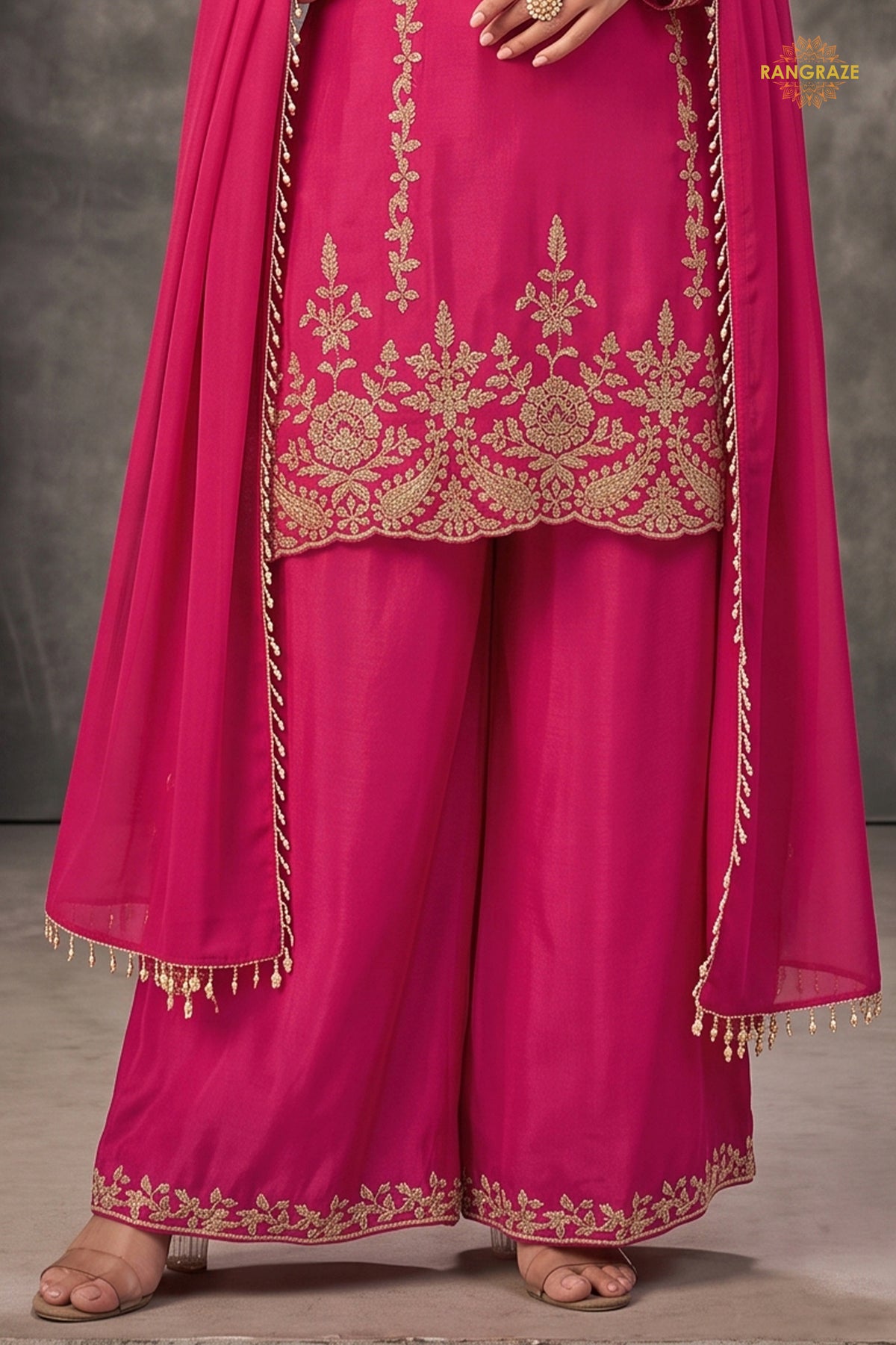 Pink Stitched Beads Work Chinnon Palazzo Suit