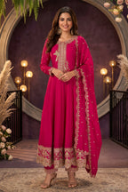 Pink Stitched Embroidered Silk Anarkali Suit