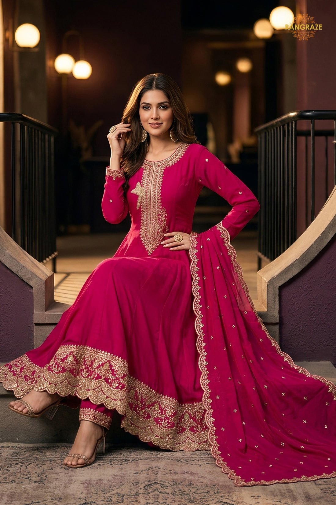 Pink Stitched Embroidered Silk Anarkali Suit