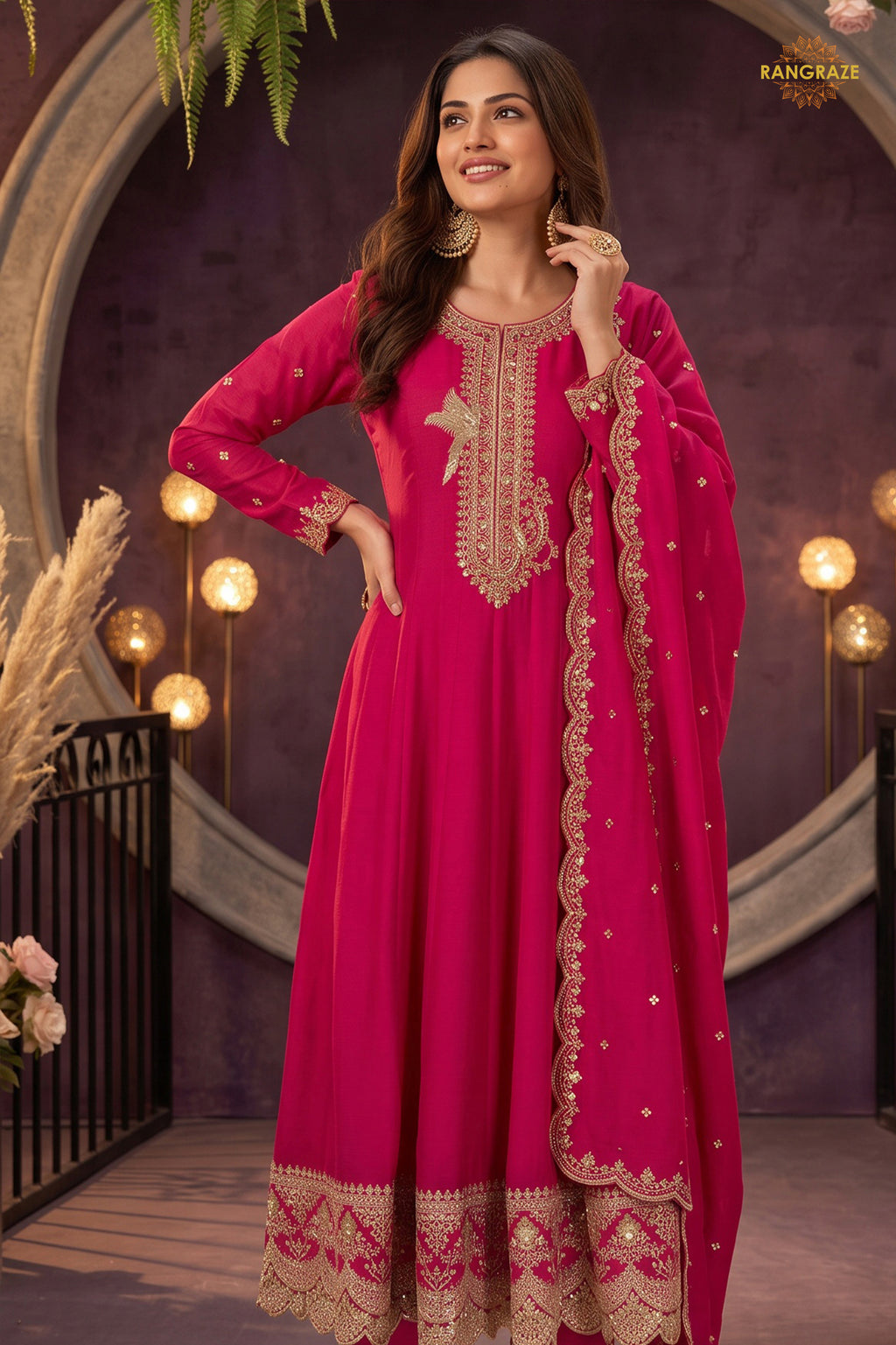 Pink Stitched Embroidered Silk Anarkali Suit