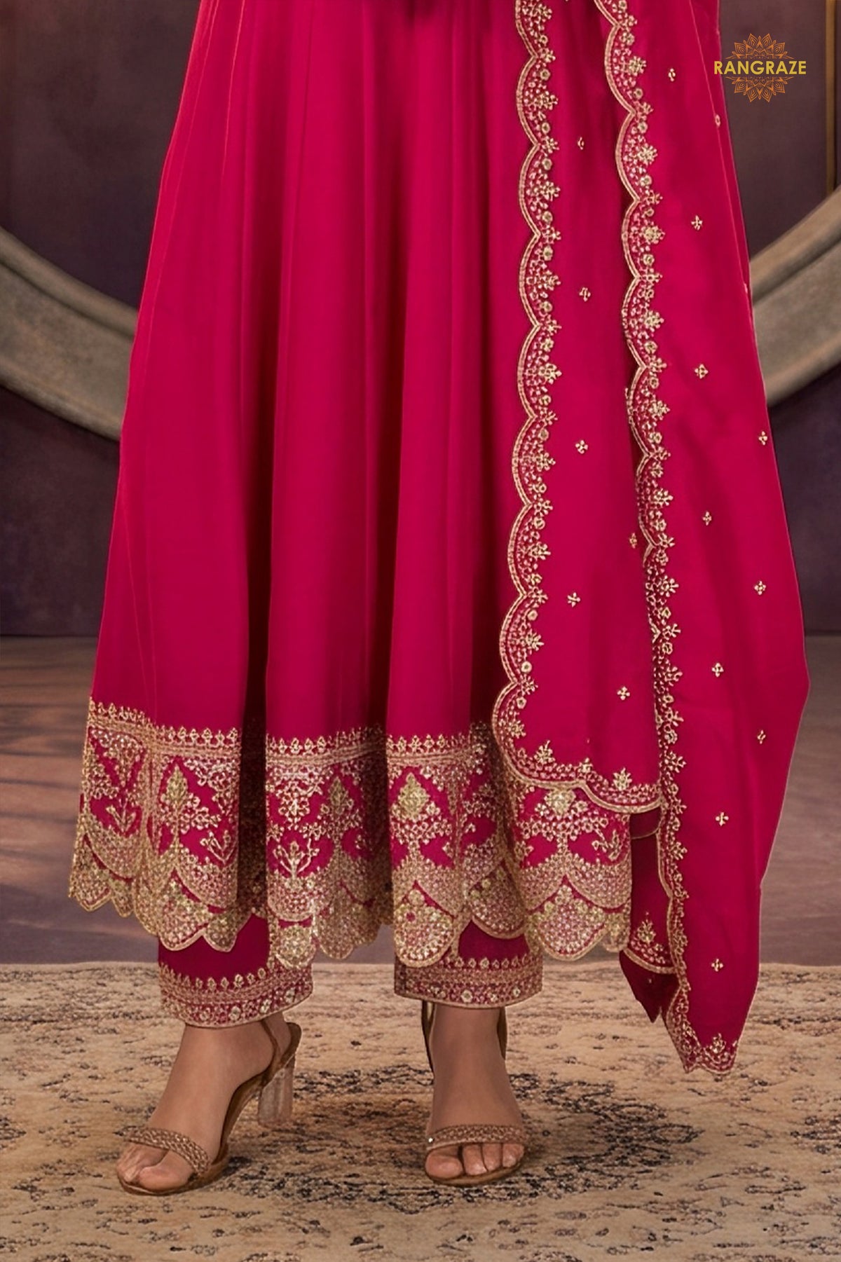 Pink Stitched Embroidered Silk Anarkali Suit
