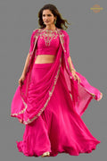 Pink Stitched Embroidered Skirt Set With Shrug