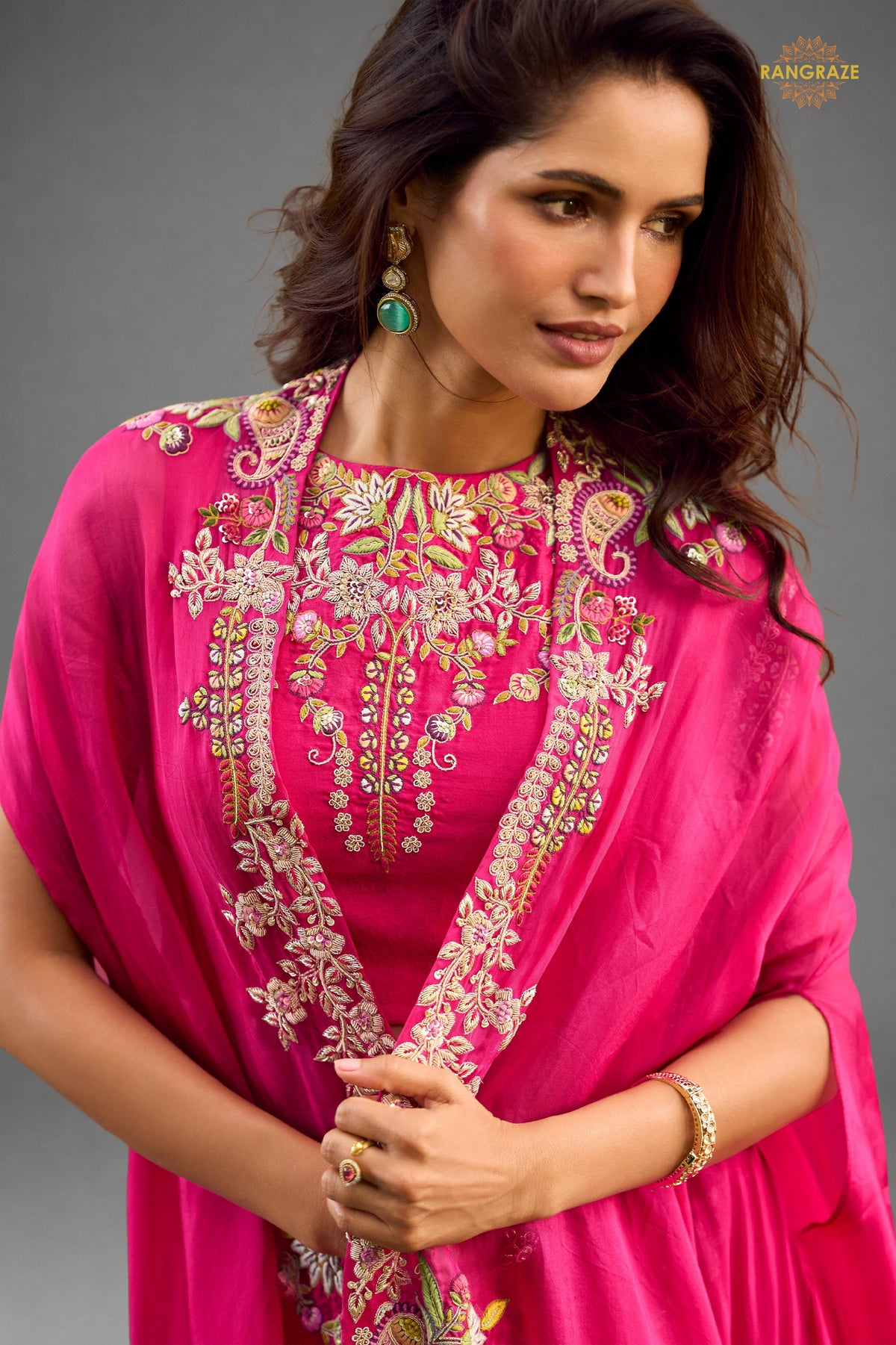 Pink Stitched Embroidered Skirt Set With Shrug