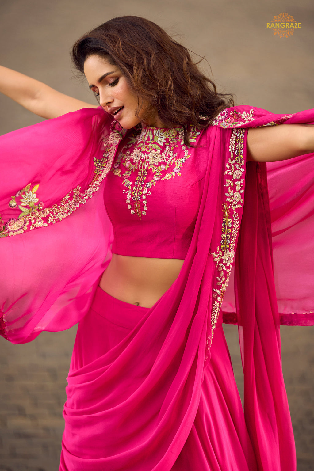Pink Stitched Embroidered Skirt Set With Shrug