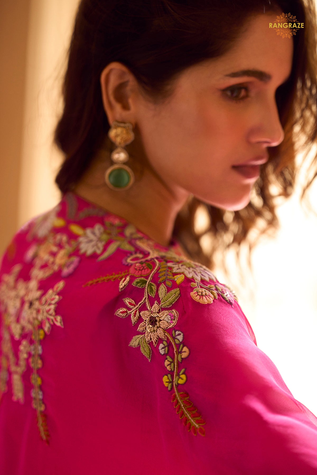 Pink Stitched Embroidered Skirt Set With Shrug
