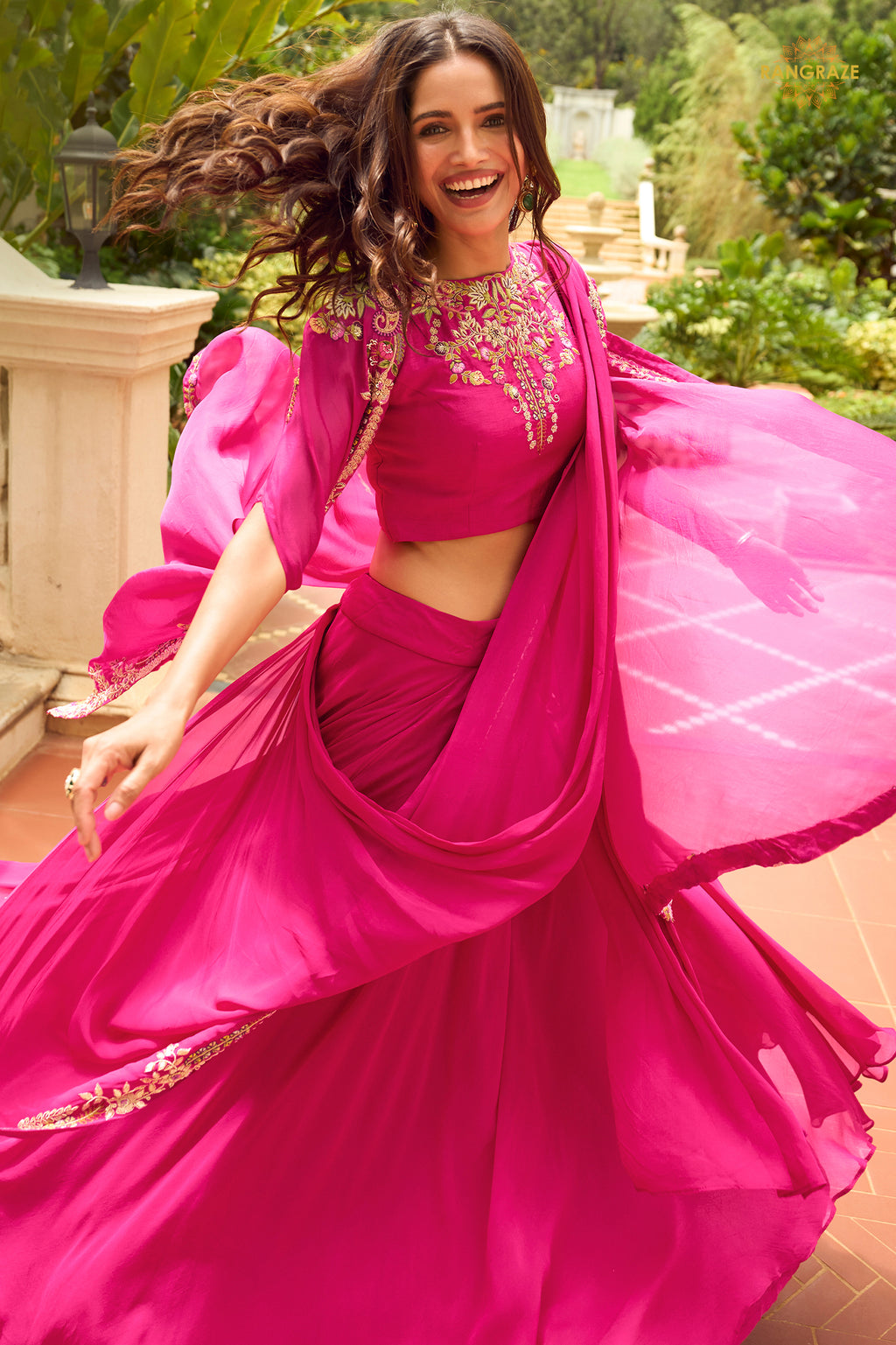 Pink Stitched Embroidered Skirt Set With Shrug