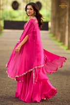 Pink Stitched Embroidered Skirt Set With Shrug