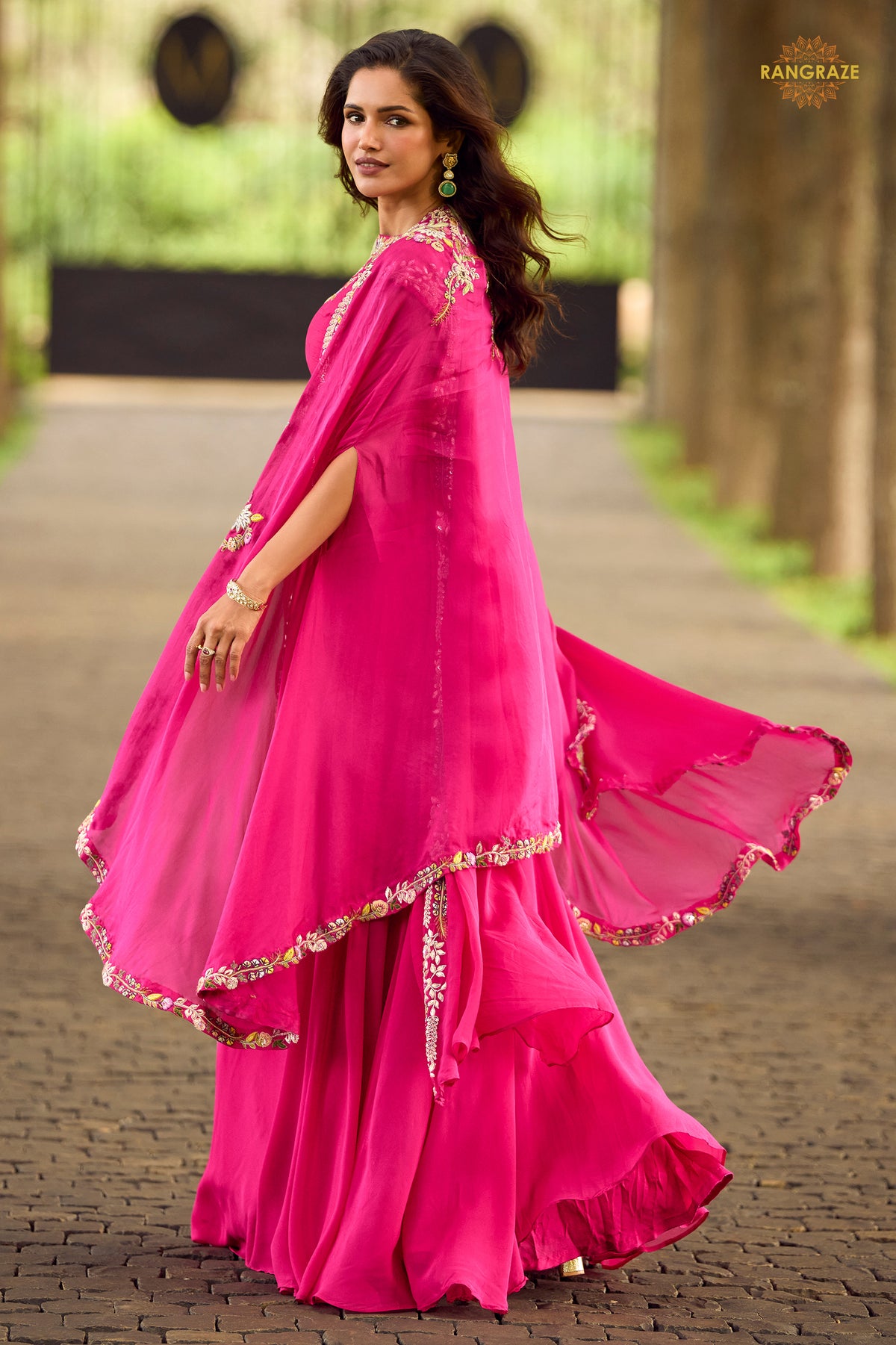 Pink Stitched Embroidered Skirt Set With Shrug