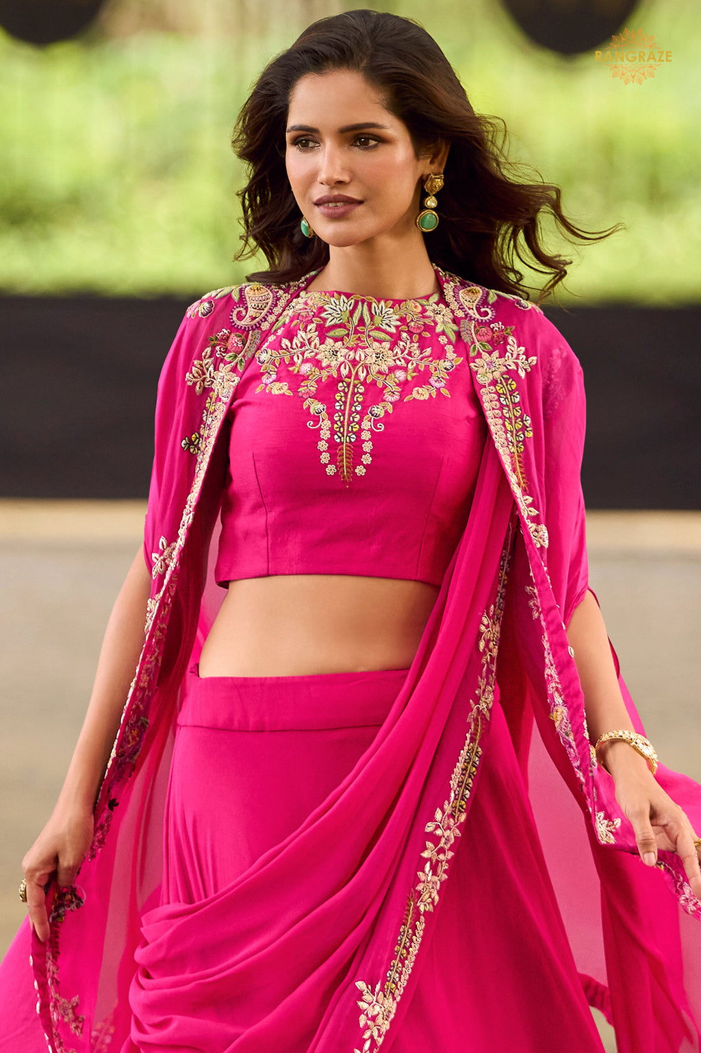Pink Stitched Embroidered Skirt Set With Shrug