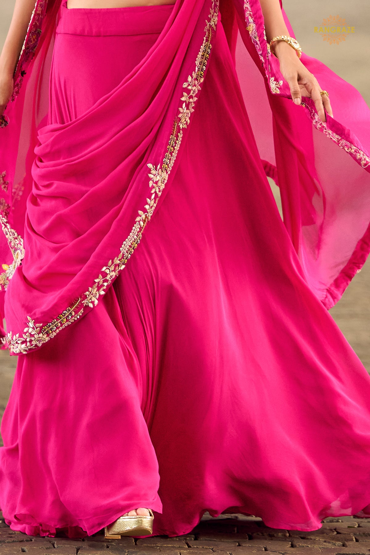 Pink Stitched Embroidered Skirt Set With Shrug