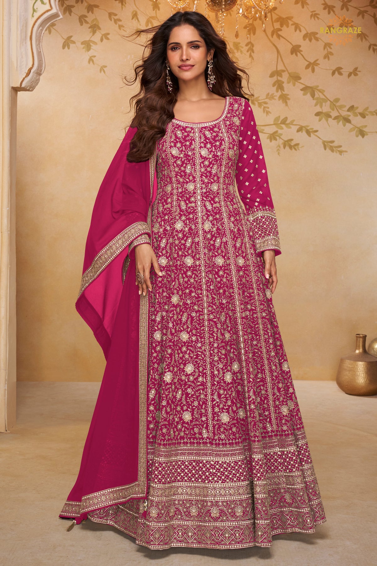 Pink Stitched Georgette Gown with Dupatta