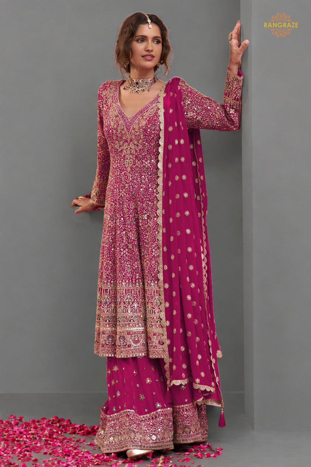 Pink Stitched Heavy Work Chinon A-line Suit