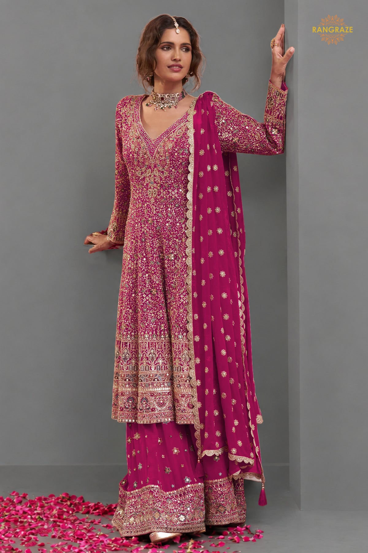 Pink Stitched Heavy Work Chinon A-line Suit