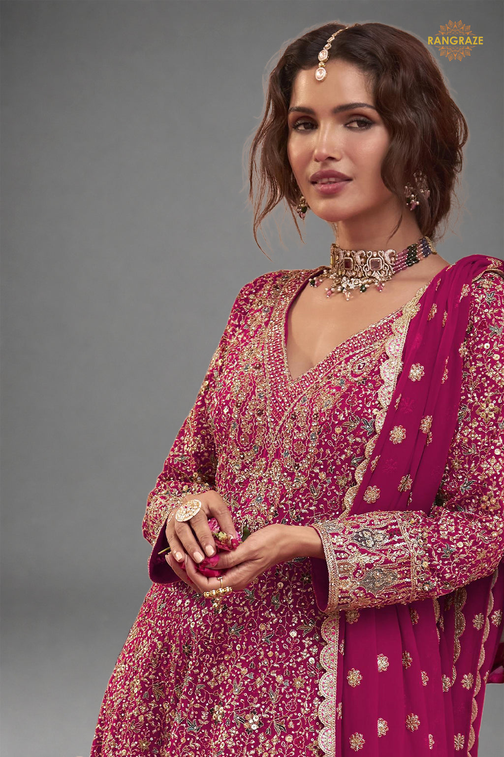 Pink Stitched Heavy Work Chinon A-line Suit