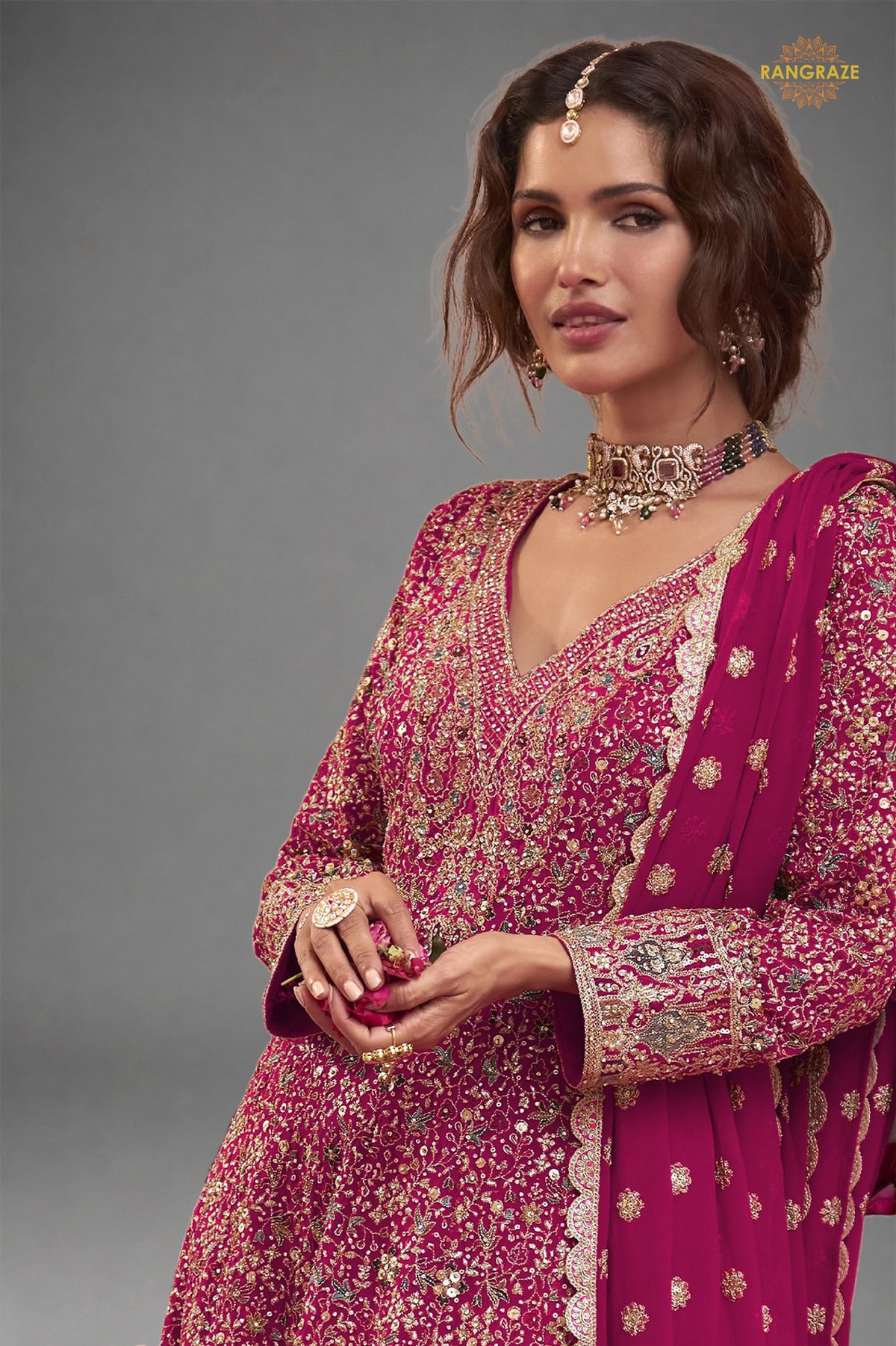 Pink Stitched Heavy Work Chinon A-line Suit