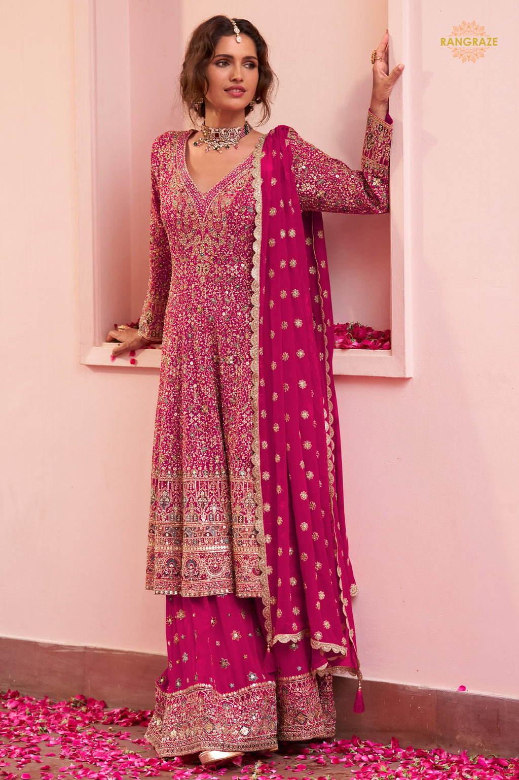 Pink Stitched Heavy Work Chinon A-line Suit