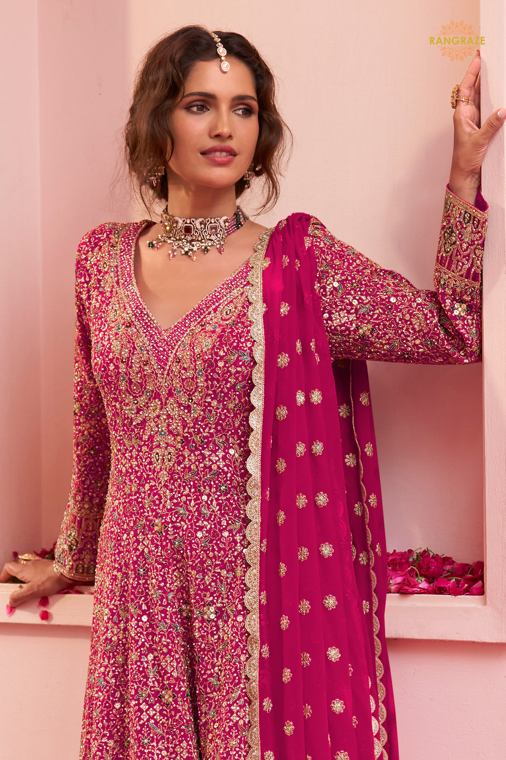 Pink Stitched Heavy Work Chinon A-line Suit