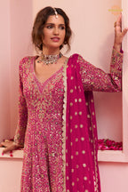 Pink Stitched Heavy Work Chinon A-line Suit