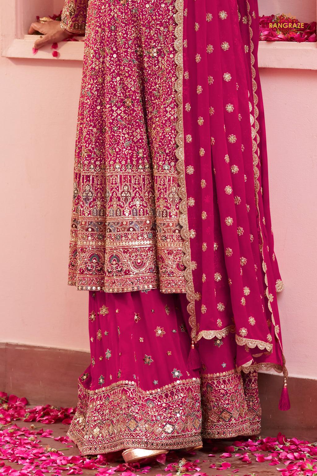 Pink Stitched Heavy Work Chinon A-line Suit
