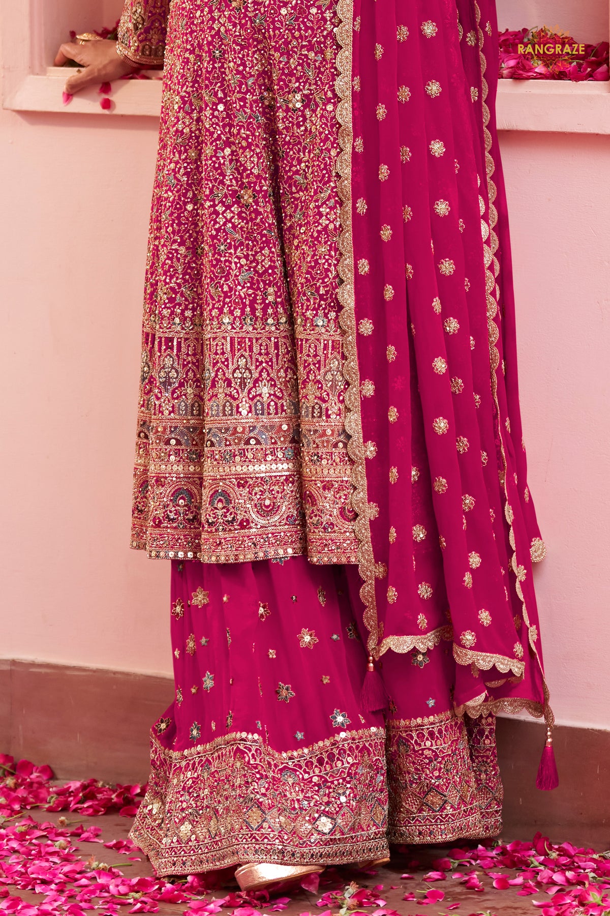 Pink Stitched Heavy Work Chinon A-line Suit