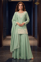 Pista Green Readymade Bead Work Chinon Palazzo Suit