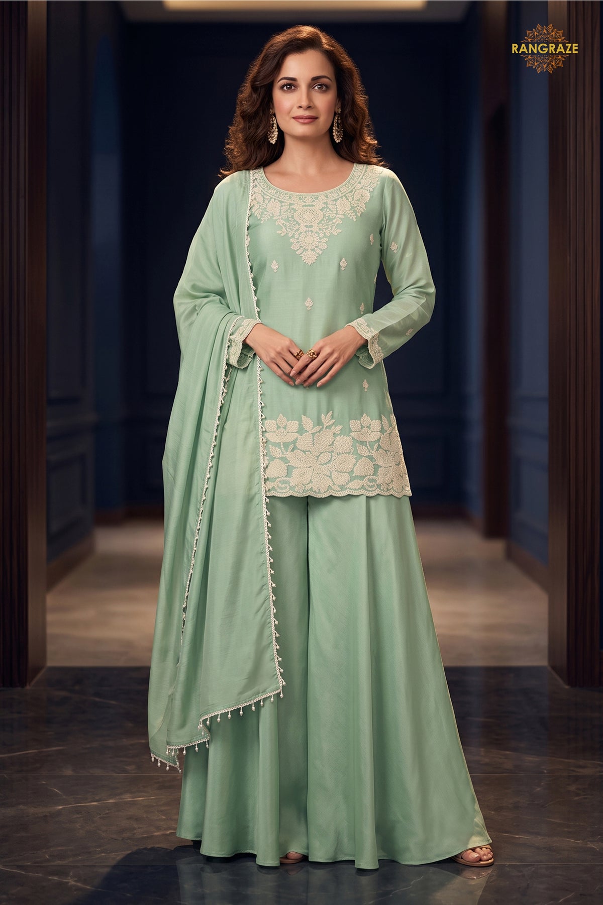 Pista Green Readymade Bead Work Chinon Palazzo Suit