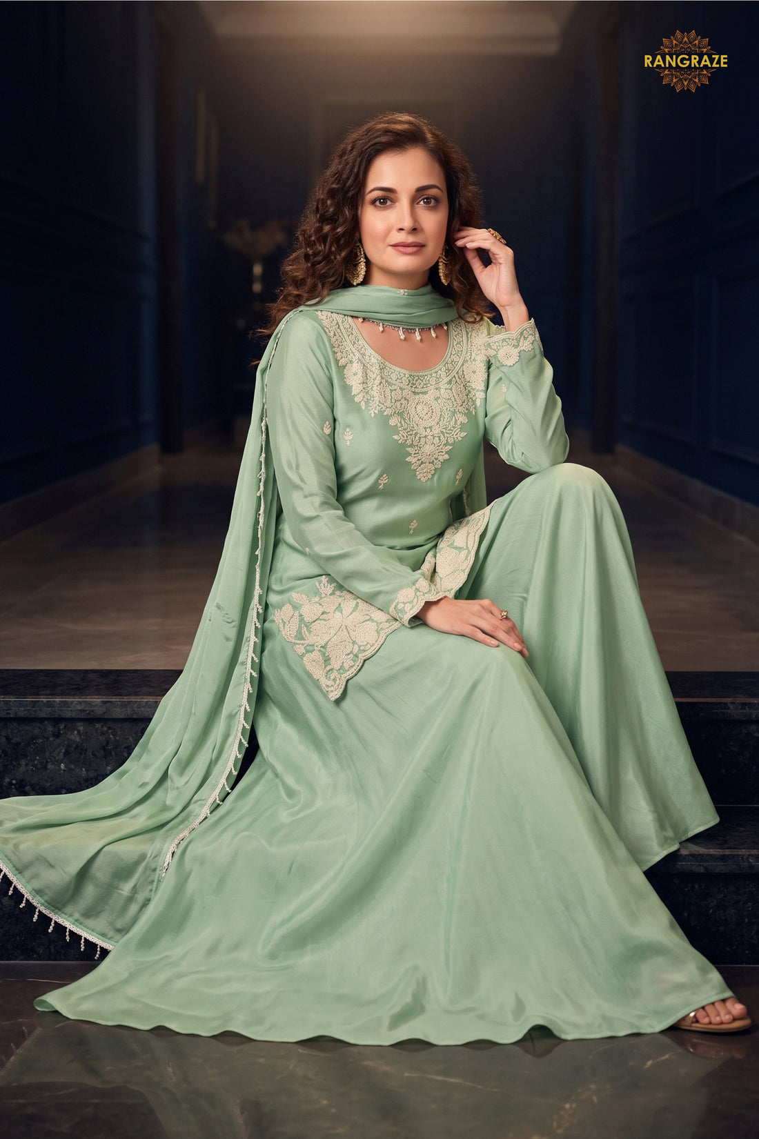 Pista Green Readymade Bead Work Chinon Palazzo Suit