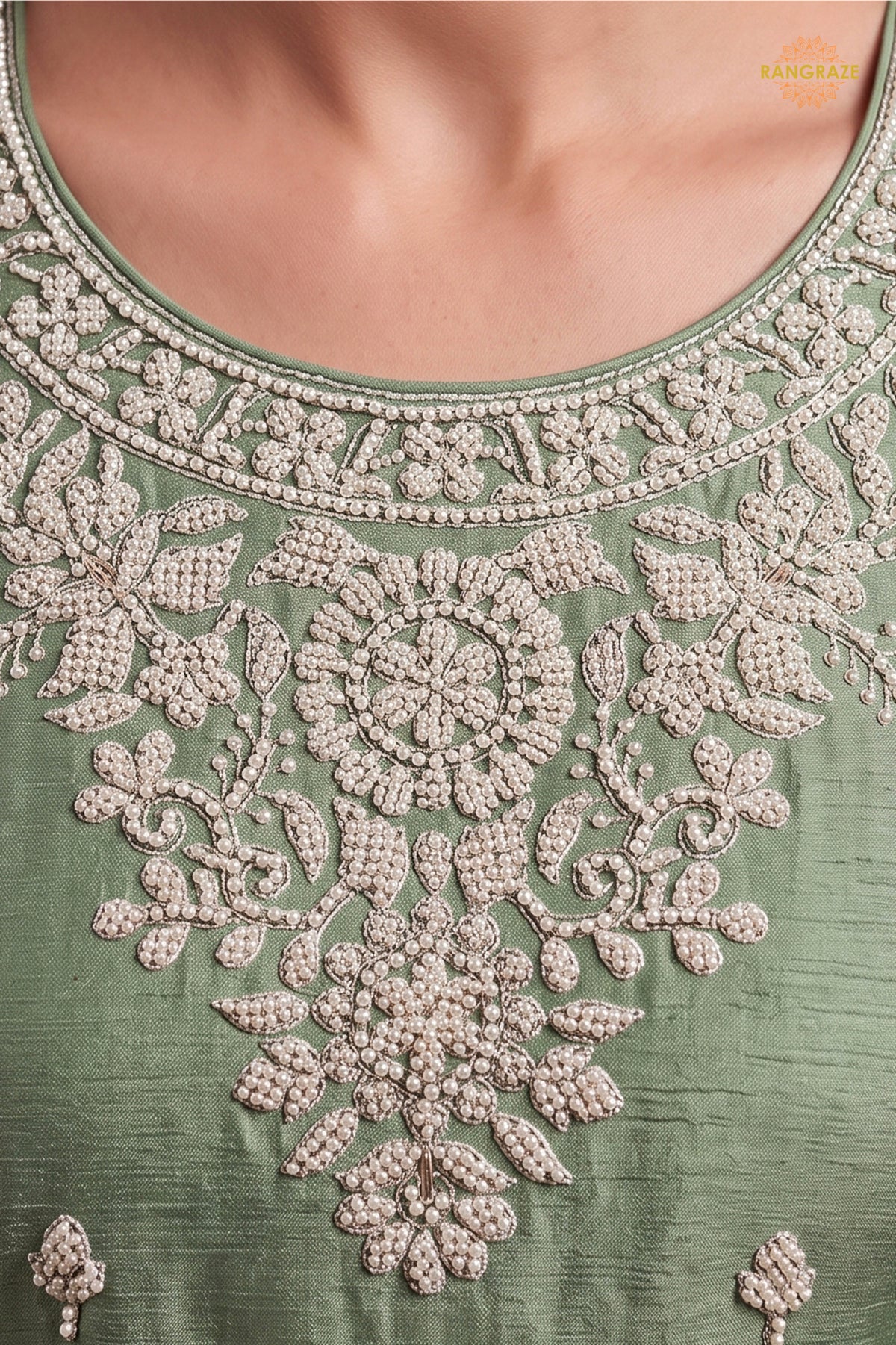 Pista Green Readymade Bead Work Chinon Palazzo Suit