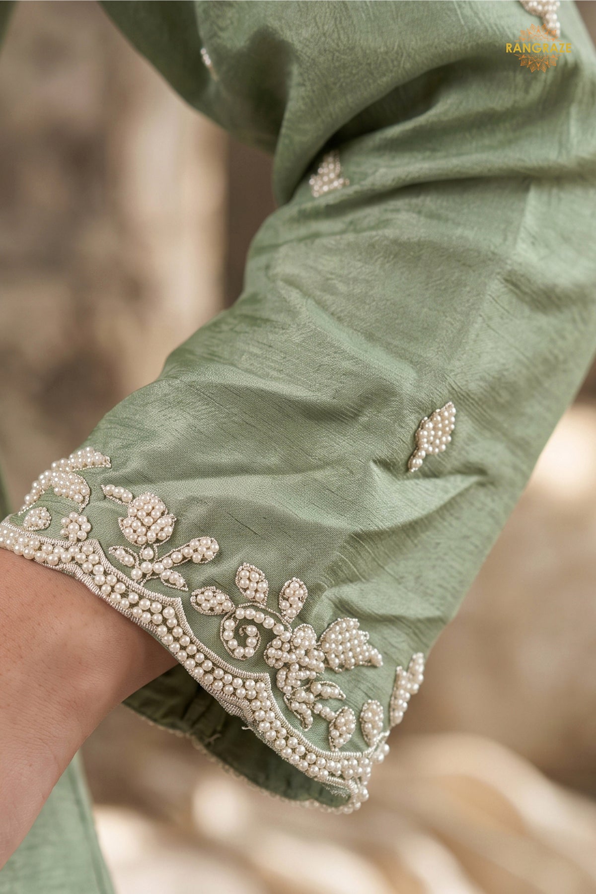 Pista Green Readymade Bead Work Chinon Palazzo Suit