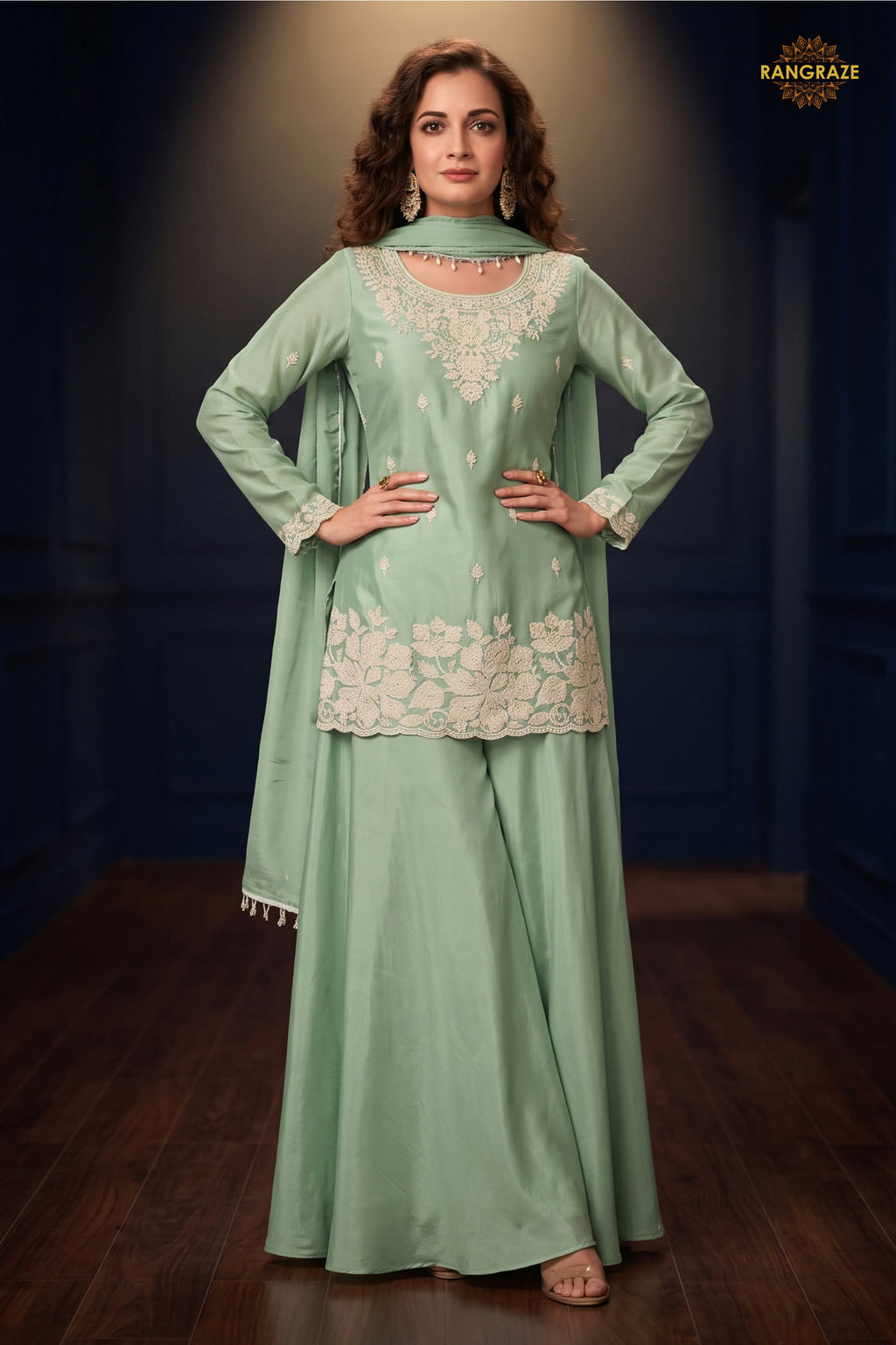 Pista Green Readymade Bead Work Chinon Palazzo Suit