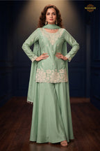 Pista Green Readymade Bead Work Chinon Palazzo Suit