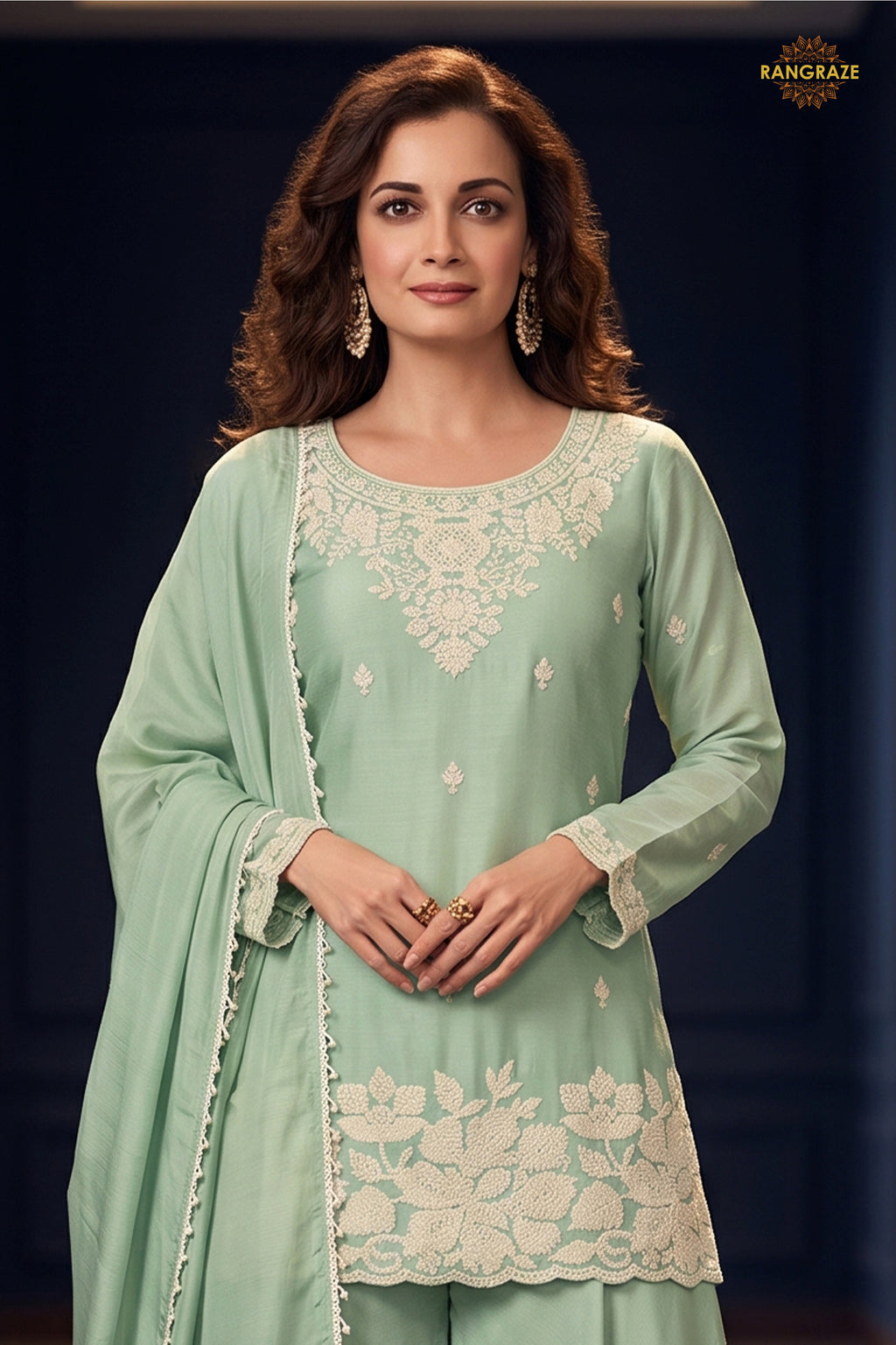 Pista Green Readymade Bead Work Chinon Palazzo Suit