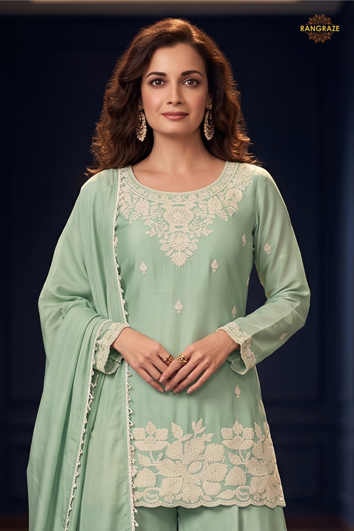 Pista Green Readymade Bead Work Chinon Palazzo Suit