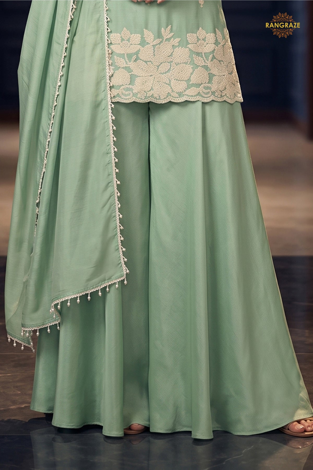 Pista Green Readymade Bead Work Chinon Palazzo Suit