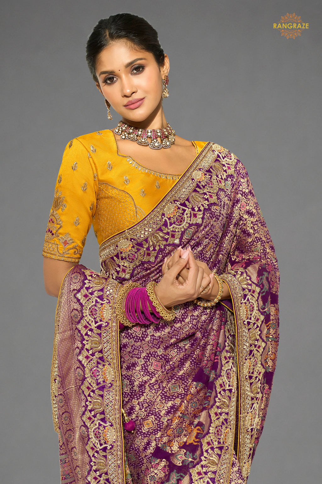 Plum Purple Embroidered Bandhej Georgette Saree