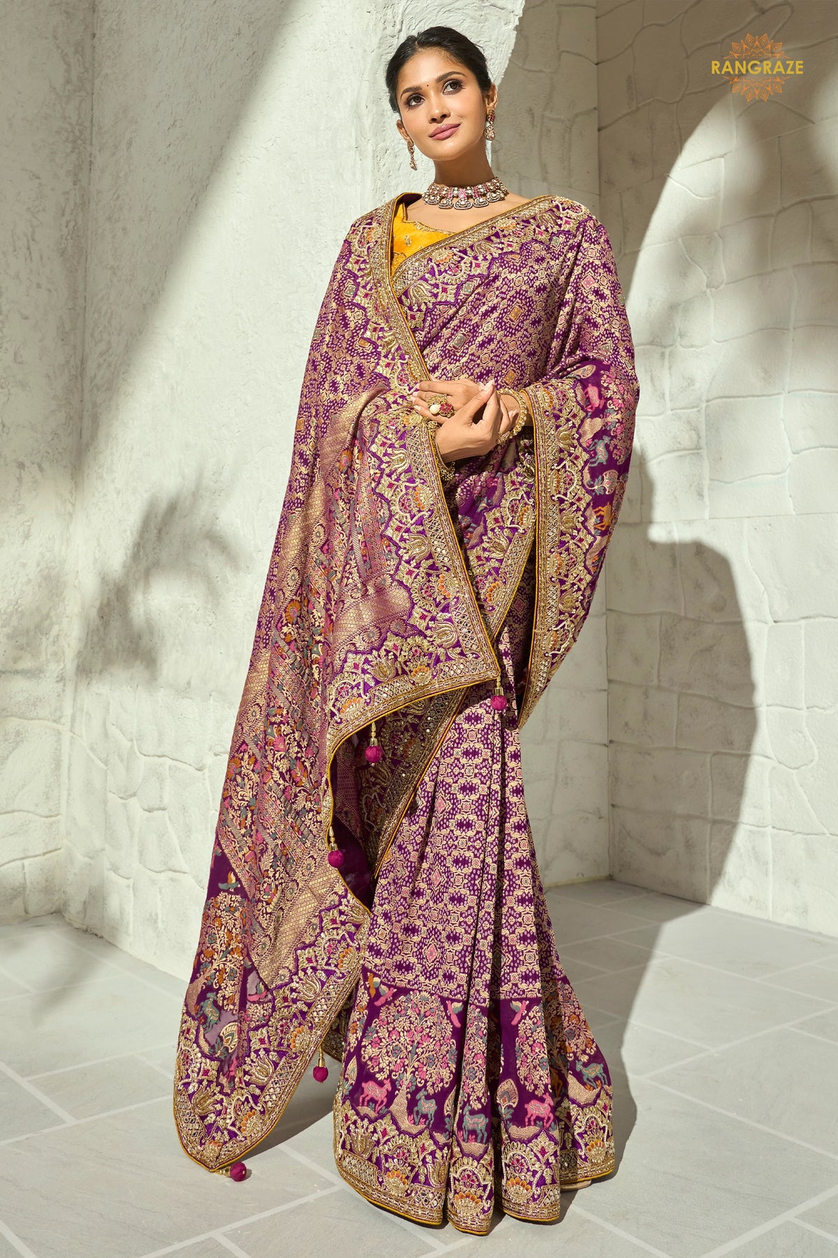 Plum Purple Embroidered Bandhej Georgette Saree